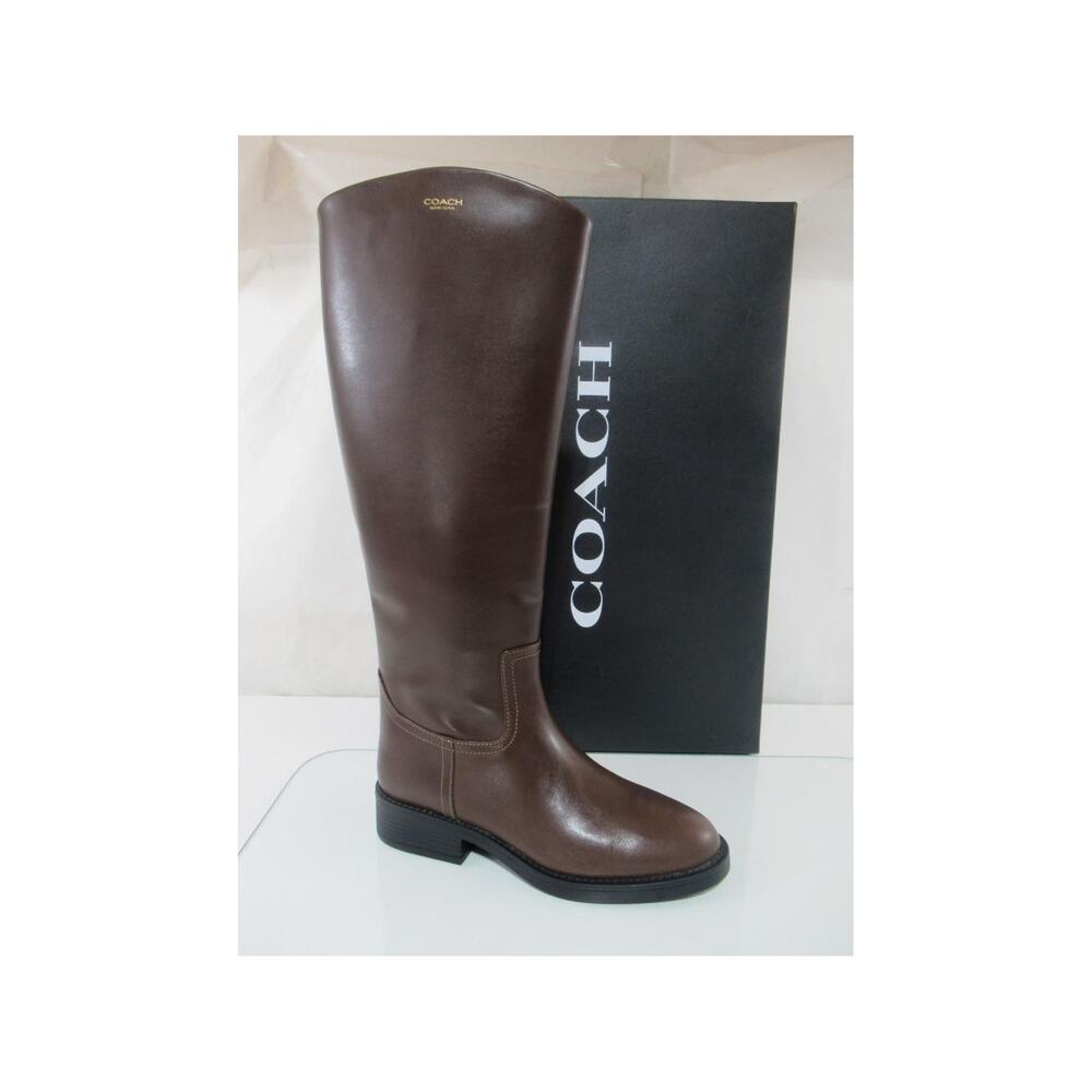 New COACH Park Leather Tall Riding Boot Knee High Block Heel Maple Brown